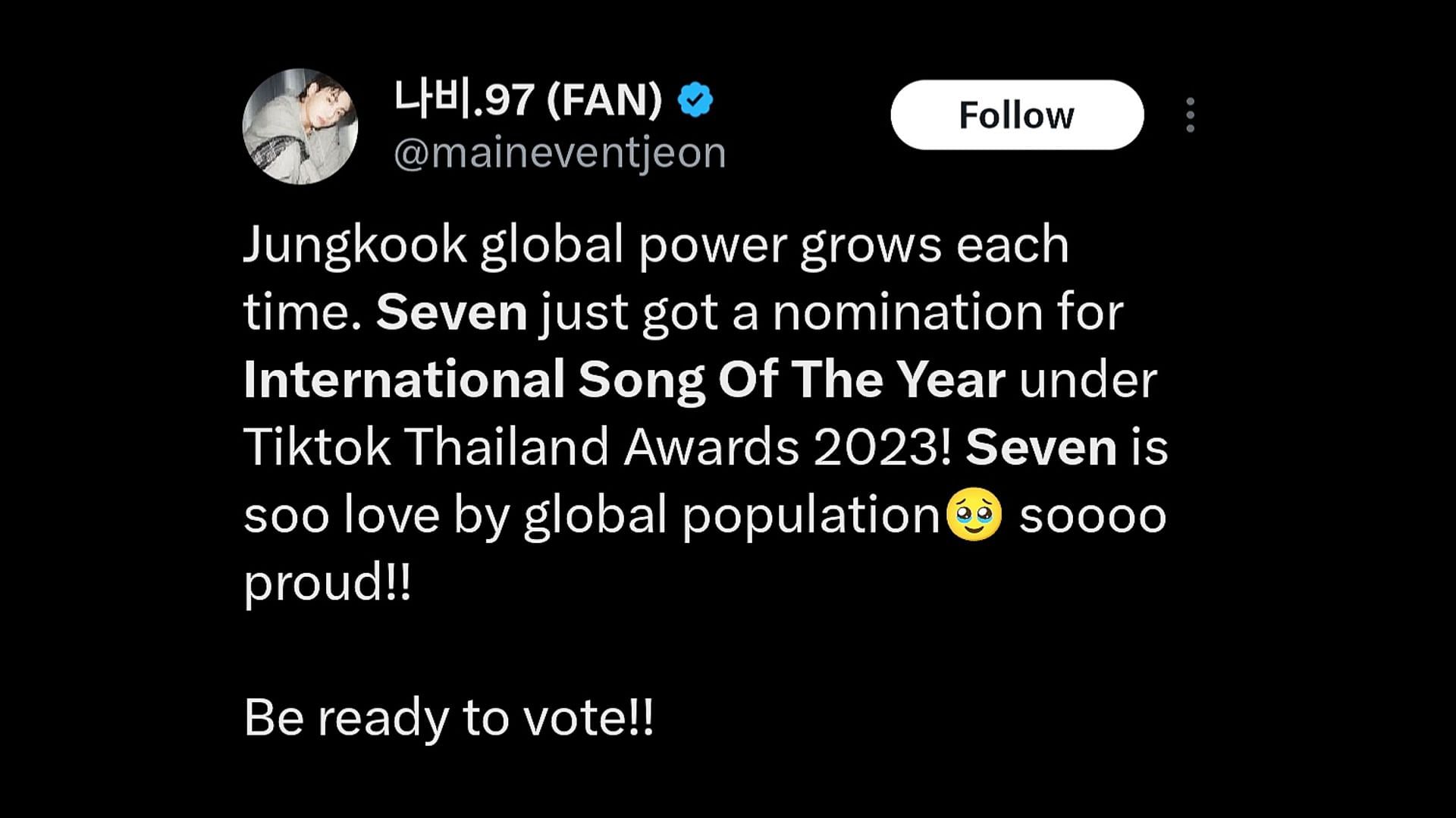 Fans rejoice as Jungkook&#039;s Seven is nominated for International Song Of The Year at the TikTok Thailand Awards 2023 (Image via X)