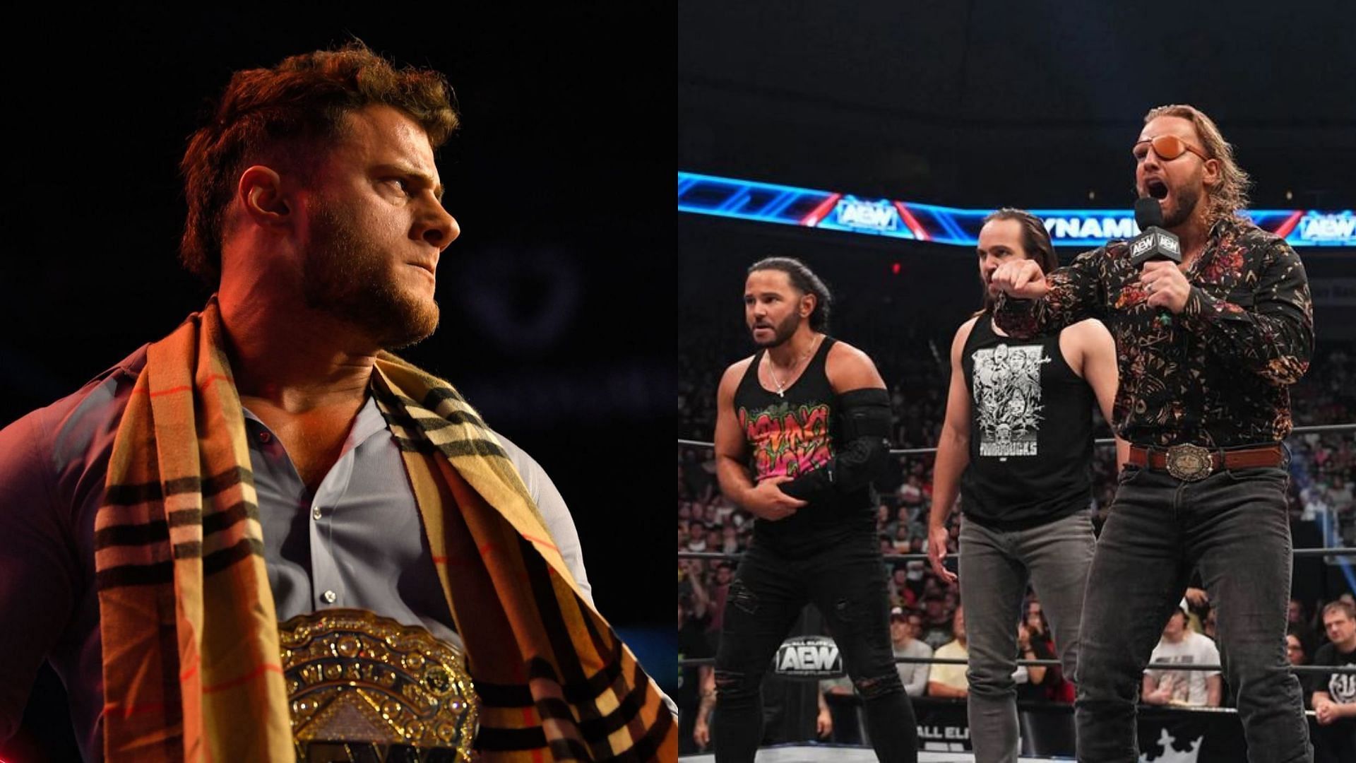 AEW World Champion MJF (left) and ROH Six Man Tag Team Champions The Elite (right)