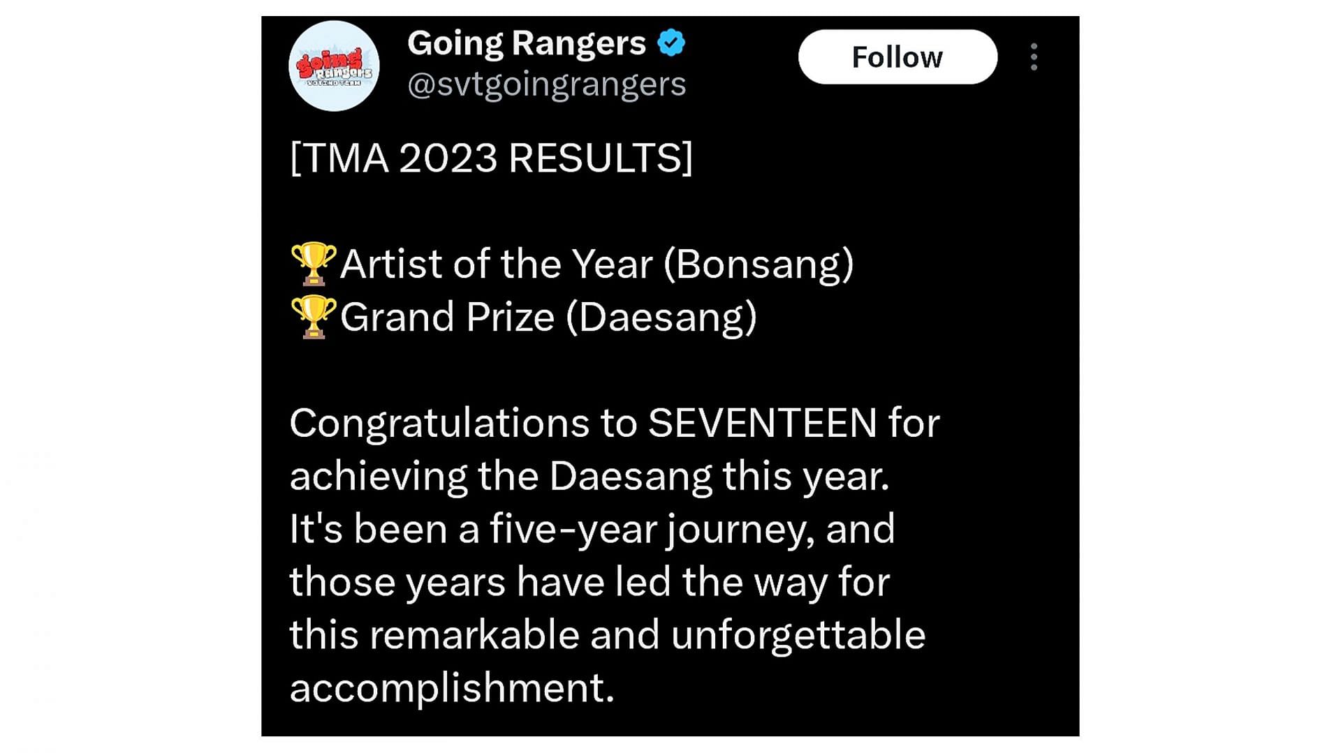 CARATs rejoice as group snags &quot;Daesang&quot; at the 2023 The Fact Music Awards (Image via X)