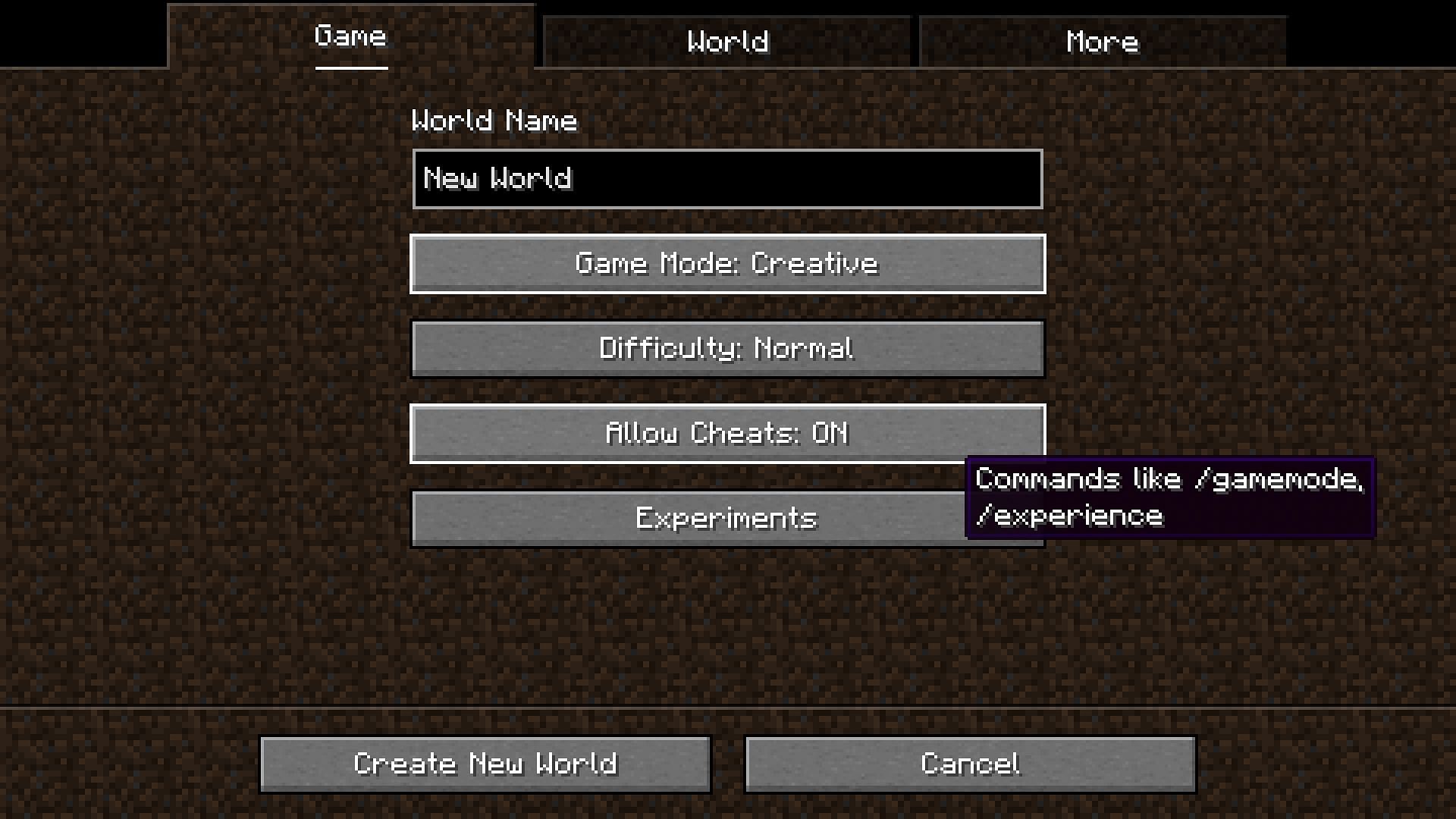 Cheats can be enabled while creating a new world in Minecraft (Image via Mojang)