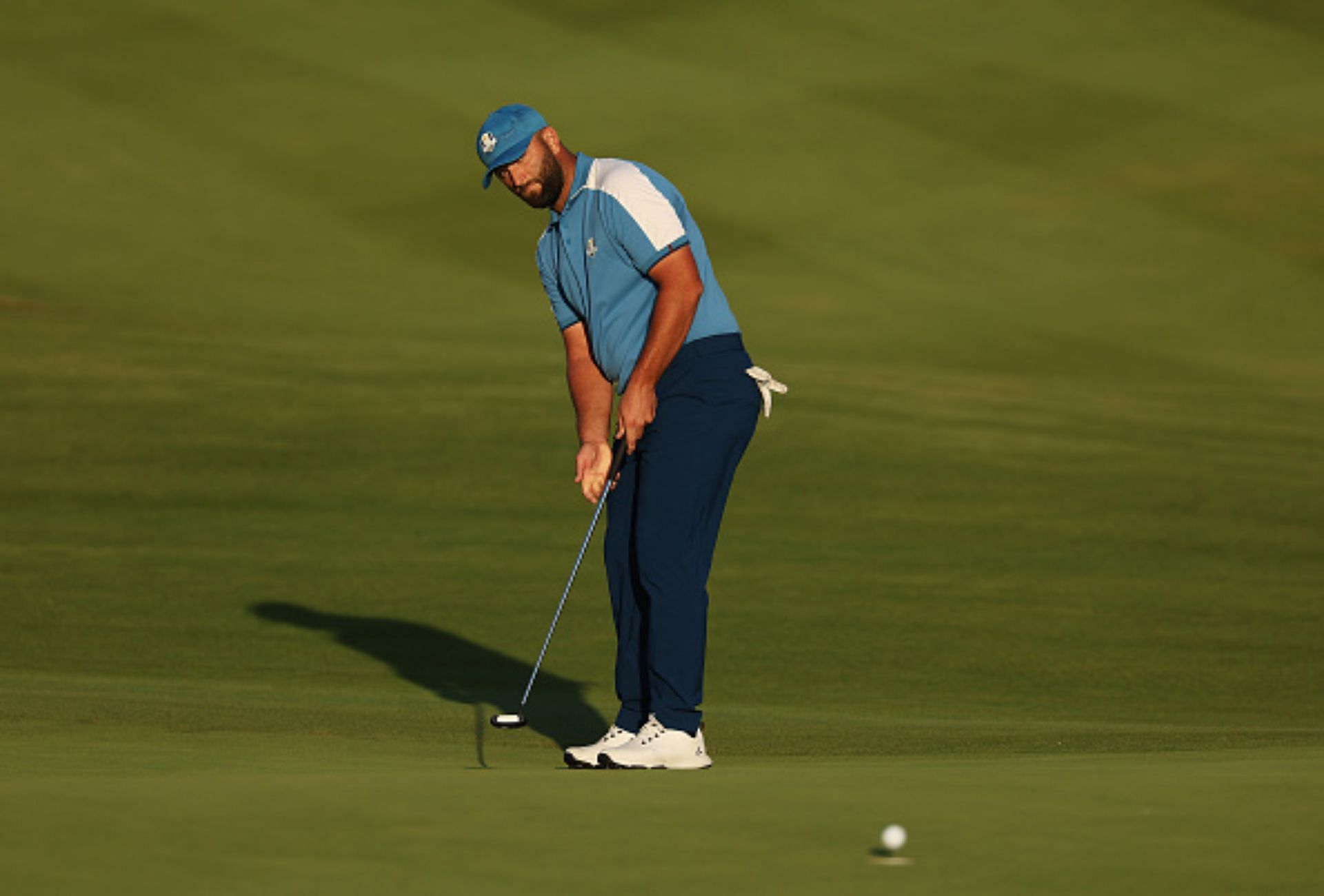 Jon Rahm putting on the 18th hole, Friday four-balls, 2023 Ryder Cup (Image via Getty).