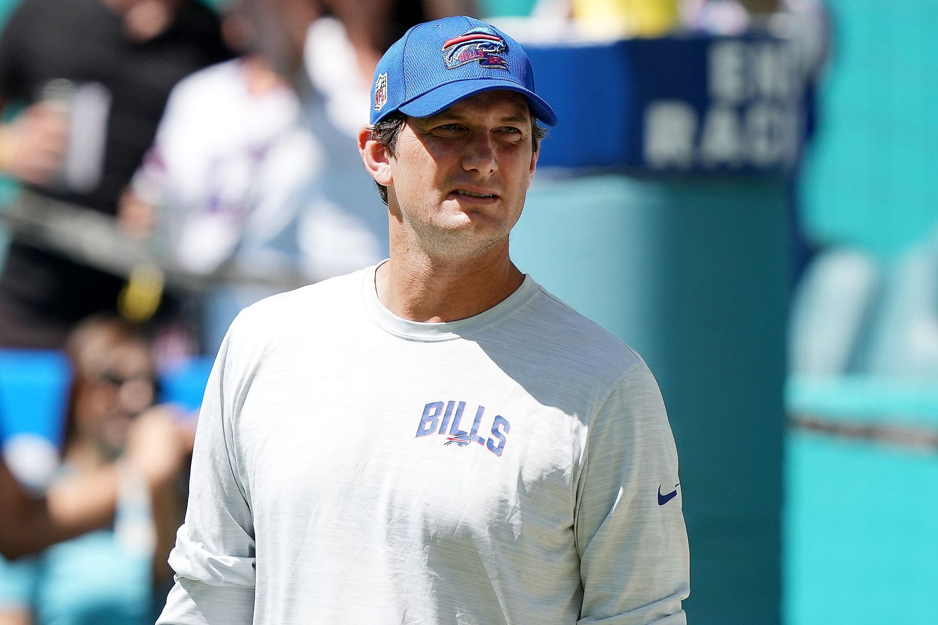 Buffalo Bills offensive coordinator Ken Dorsey looks on during warm-ups before the game against the Miami Dolphins at Hard Rock Stadium on September 25, 2022, in Miami Gardens, Florida.