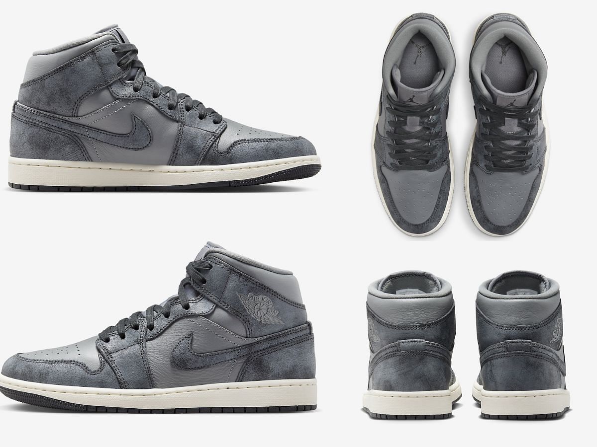 The upcoming Nike Air Jordan 1 Mid &quot;Smoke Grey&quot; sneakers come featured with a distressed look (Image via Sportskeeda)