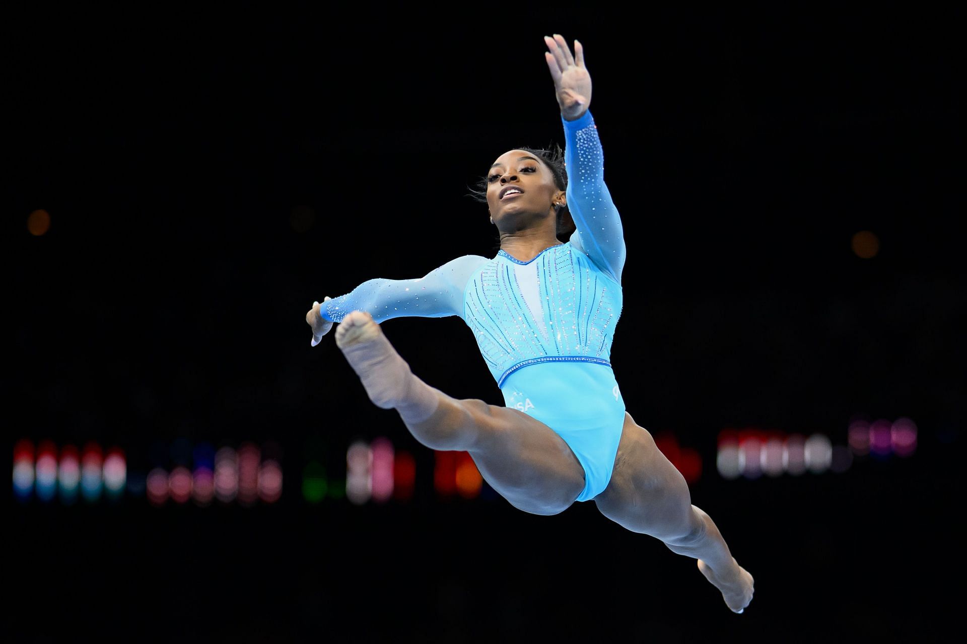 Simone Biles of Team United States competes on Floor Exercise during Women&#039;s Qualifications on Day Two of the FIG Artistic Gymnastics World Championships at the Antwerp Sportpaleis on October 01, 2023 in Antwerp, Belgium.