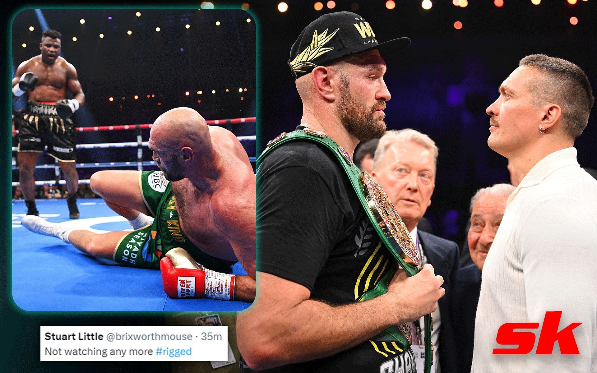 Tyson Fury knocked down during Francis Ngannou fight (left) and during face off with Oleksandr Usyk (right) (Images via Getty)