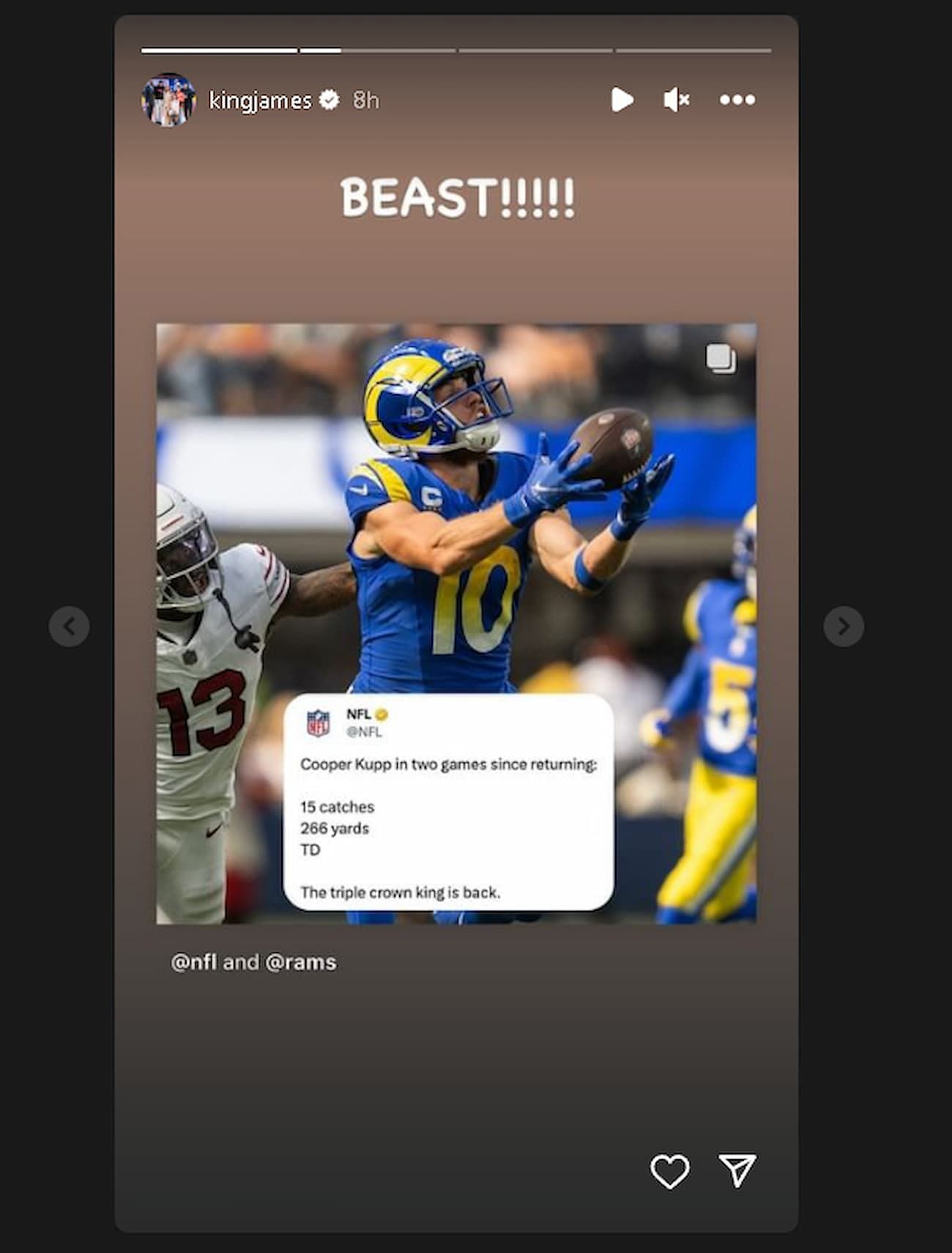 LeBron posted this Instagram story applauding Cooper Kupp