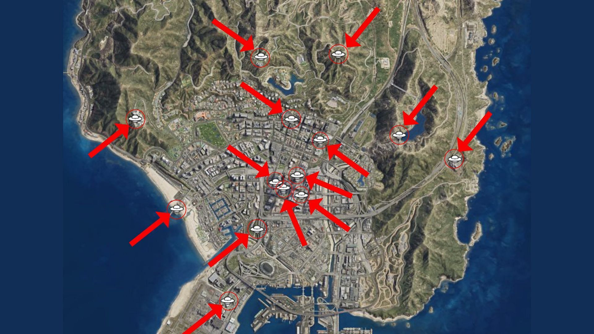 A brief map overview of all UFO locations in the game today (Image via GTAweb.eu)