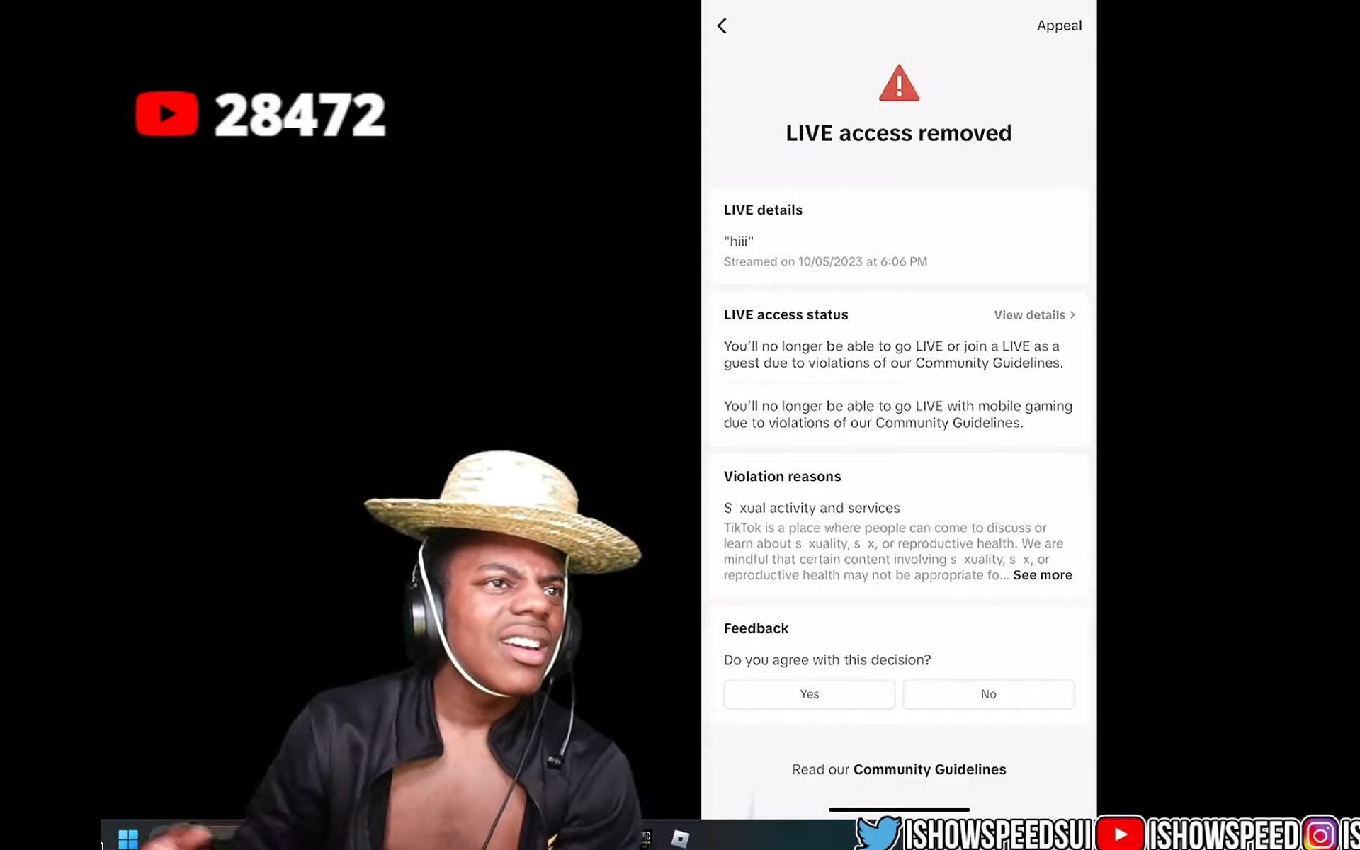 IShowSpeed got banned from TikTok Live during a recent stream (Image via Speedy Boykins/YouTube)