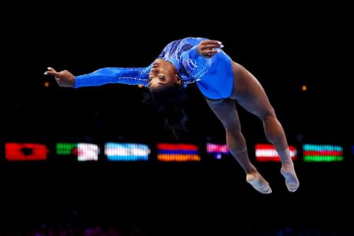 Simone Biles competes on Floor Exercise during the Women's All-Around Final at the 2023 Artistic Gymnastics World Championships at Antwerp Sportpaleis in Antwerp, Belgium