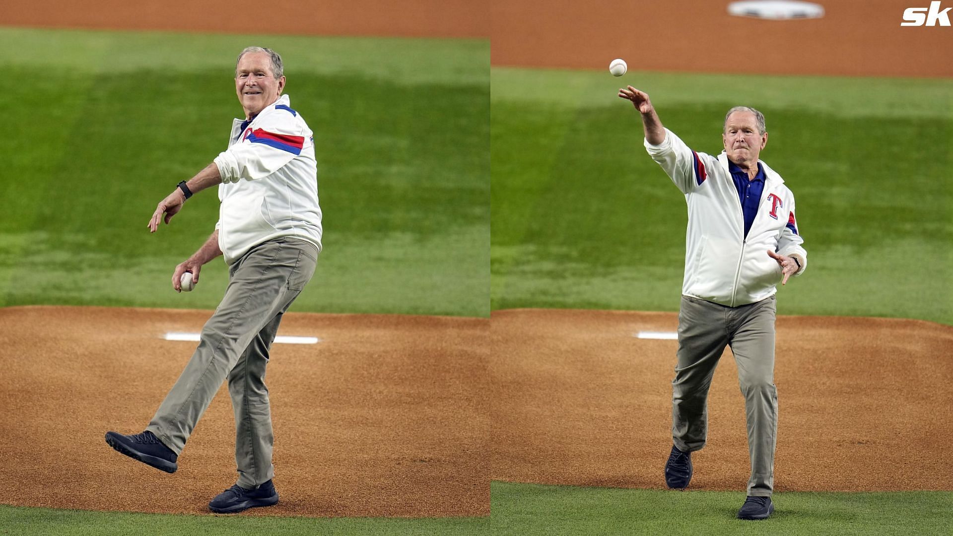 Former Preisdent George W. Bush throws out the ceremonial first pitch before Game 1 of the baseball World Series between the Arizona Diamondbacks and Texas Rangers