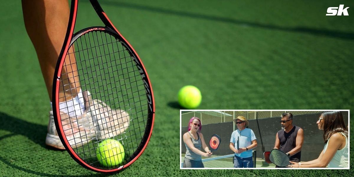 A group of people practice playing pickleball (inset)