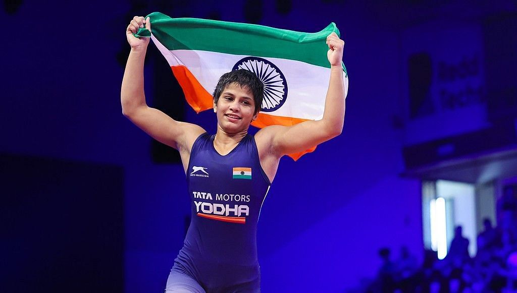 Antim Panghal after winning bronze at the 2023 World Wrestling Championships.