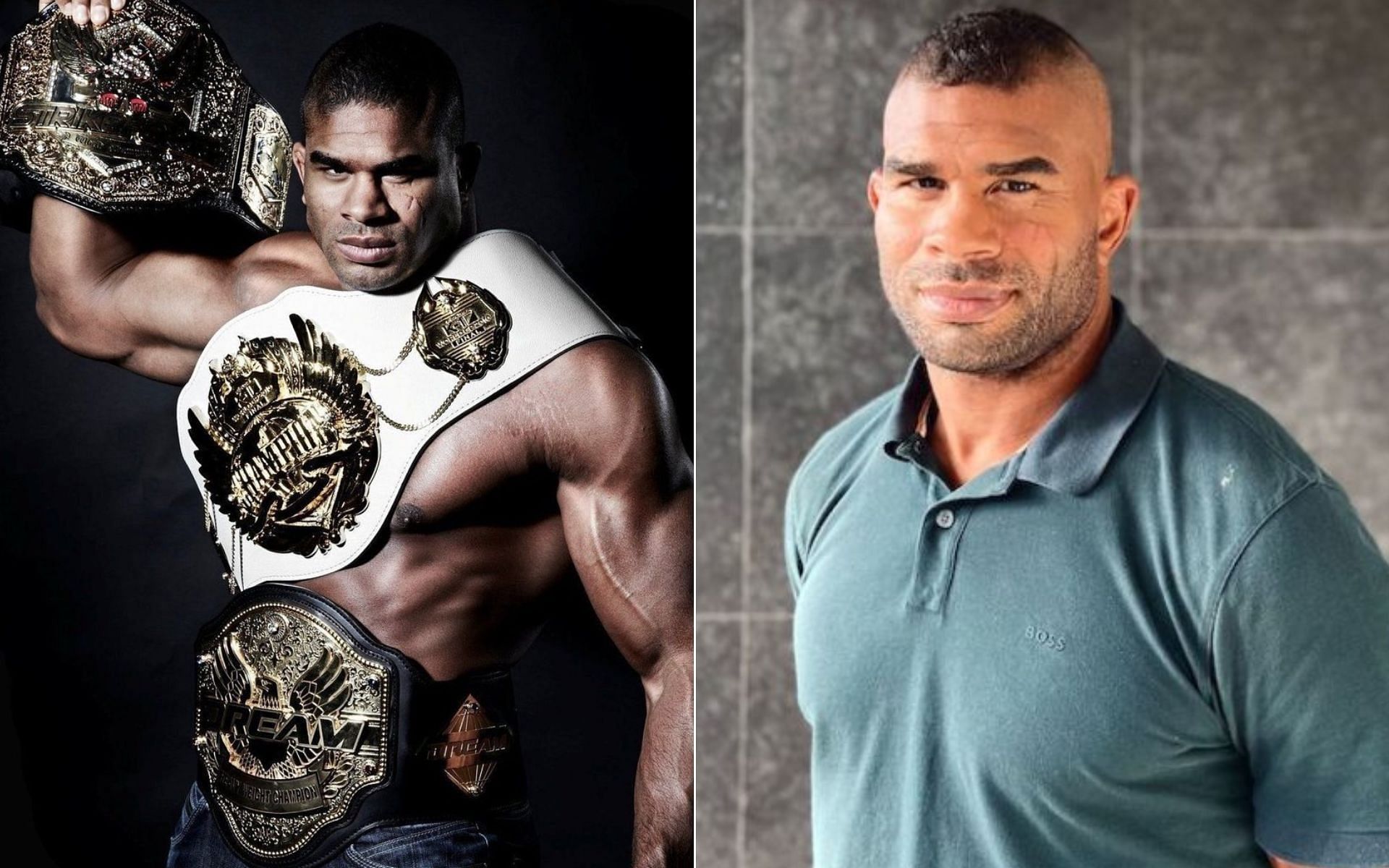 Alistair Overeem with his championships [Left], and Alistair Overeem currently [Right] [Photo credit: @Alistairovereem and @WybrenvanHaga - X]