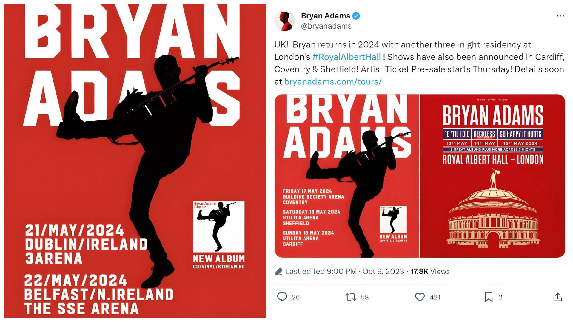 Bryan Adams UK and Ireland Tour + London Residency Announcement (Images via official Twitter @bryanadams)