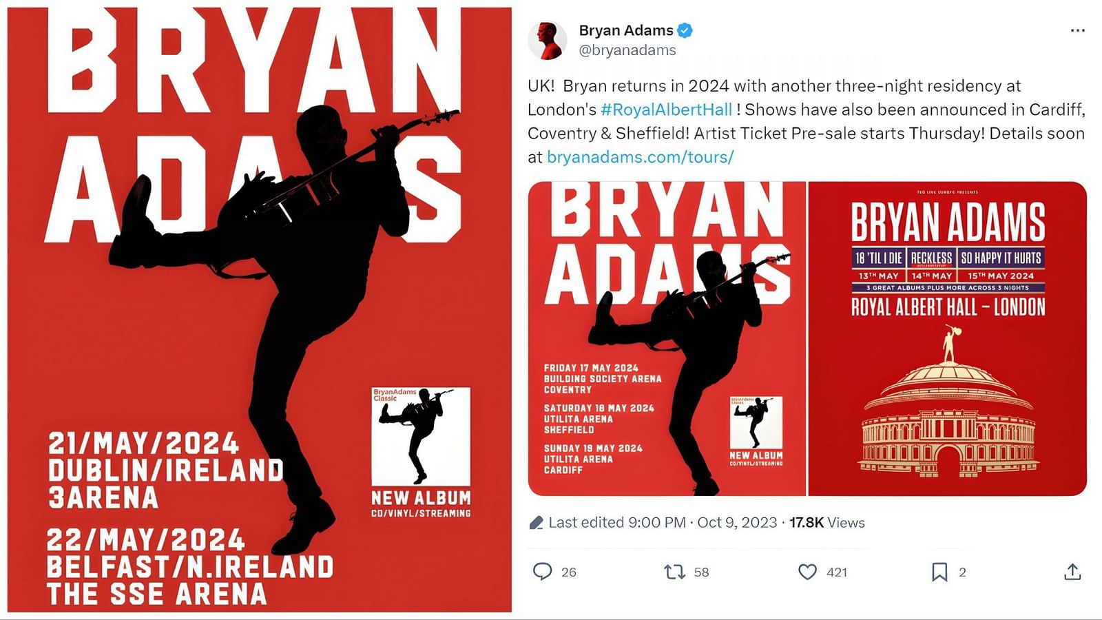 Bryan Adams UK tour and Royal Albert Hall residency 2024 Presale