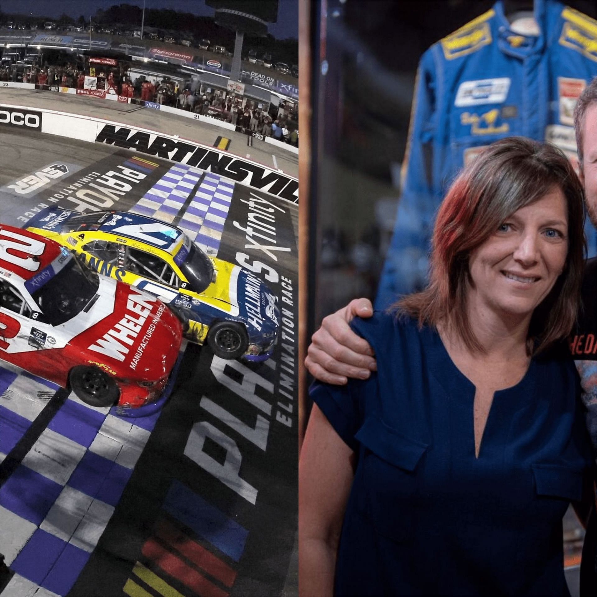 (L-R) NASCAR Xfinity Series drivers Sheldon Creed (#2) and Justin Allgaier (#7) finish first and second during 2023 NASCAR Xfinity Series Martinsville elimination race and JR Motorsports CEO Kelley Earnhardt (extreme right)