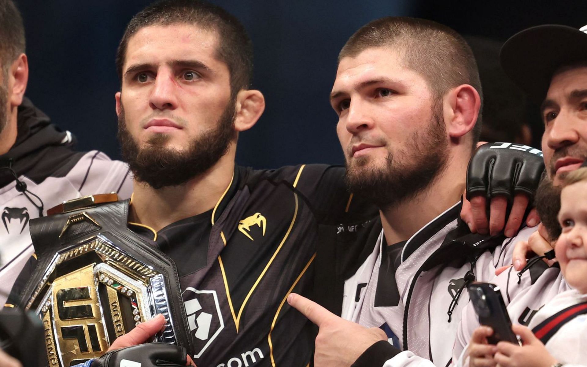 Islam Makhachev and Khabib Nurmagomedov. [via Getty Images]