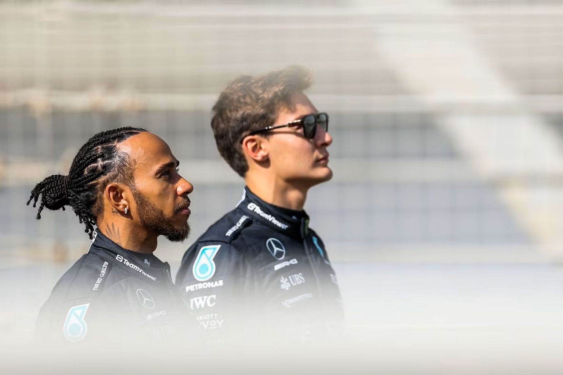 Lewis Hamilton and George Russell during day one of 2023 F1 Testing at Bahrain. (Photo by Peter Fox/Getty Images)