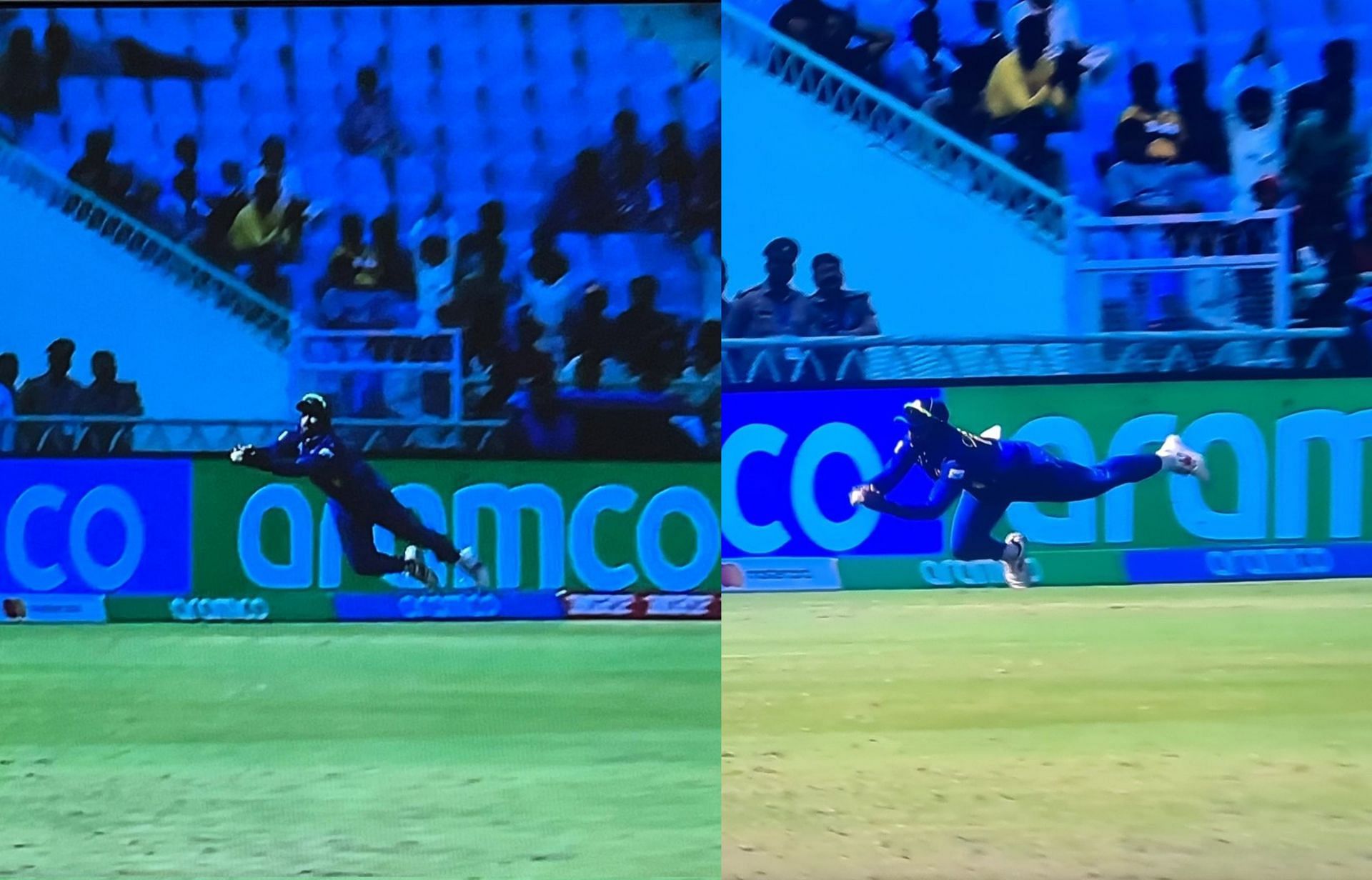 Charith Asalanka completes a fine catch near boundary on Saturday. 