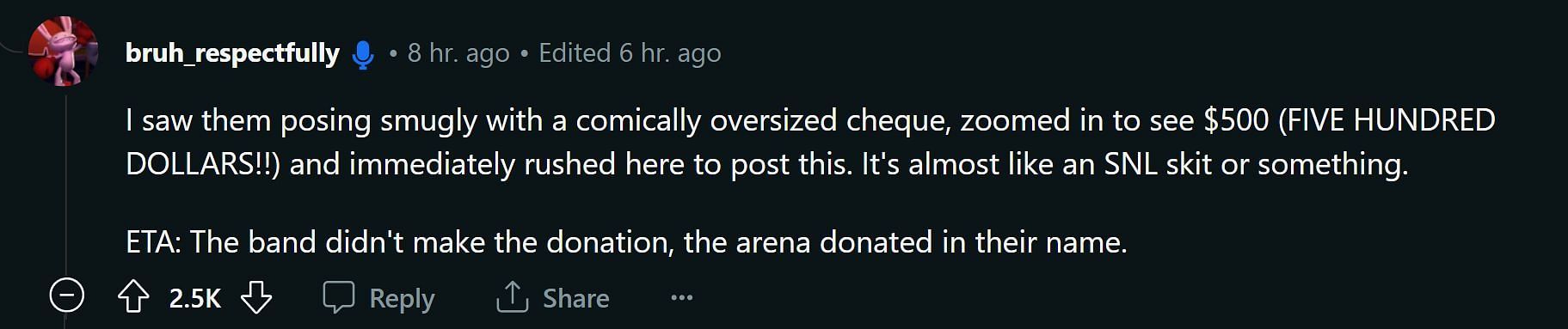 A Reddit reply to the band&#039;s donation (Image via Reddit)