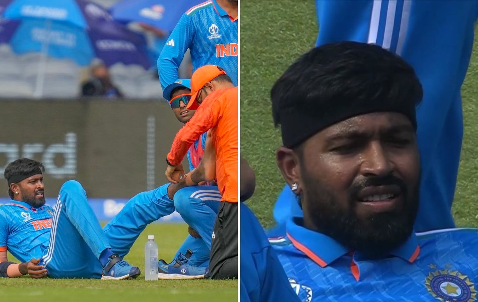 Hardik Pandya slipped while trying to stop the ball with his leg. (Pics: AP/Disney+Hotstar)