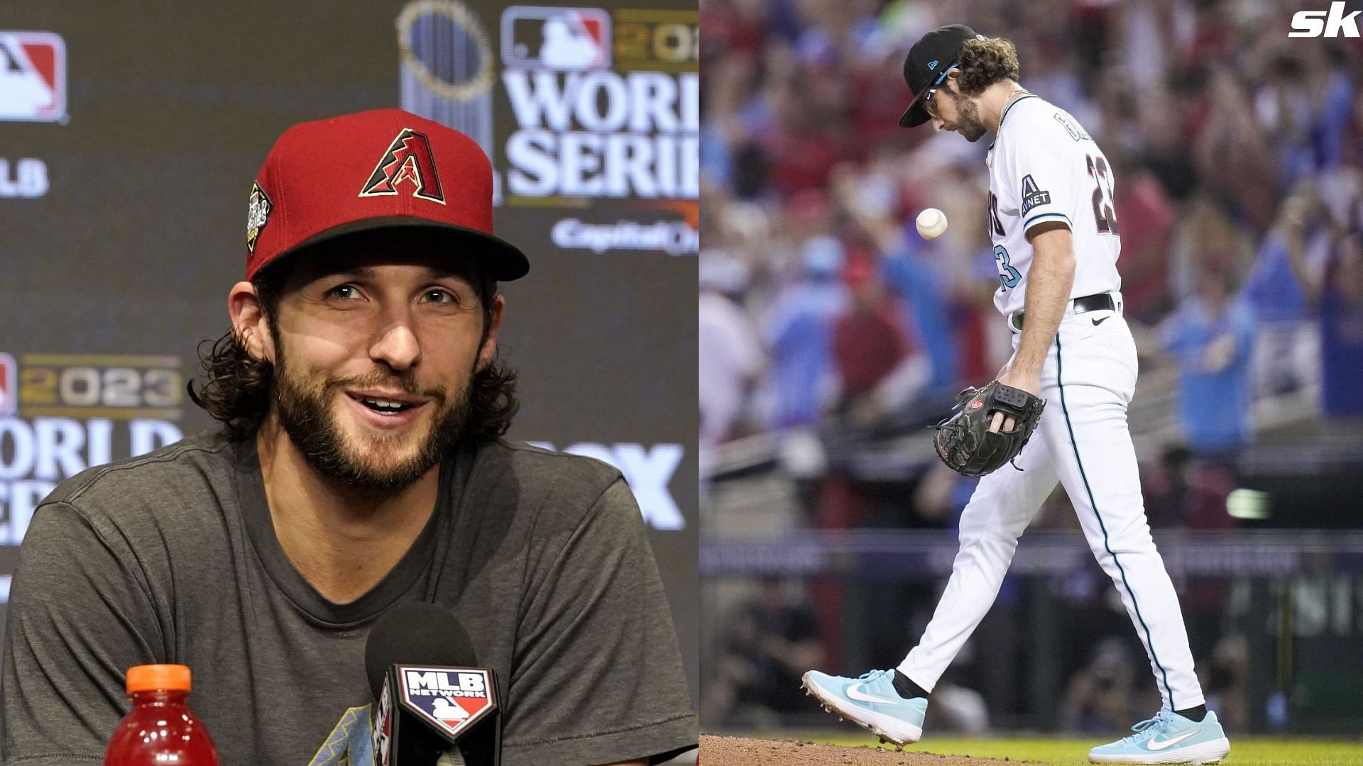 Arizona Diamondbacks starting pitcher Zac Gallen answers a question during a World Series baseball media day Thursday