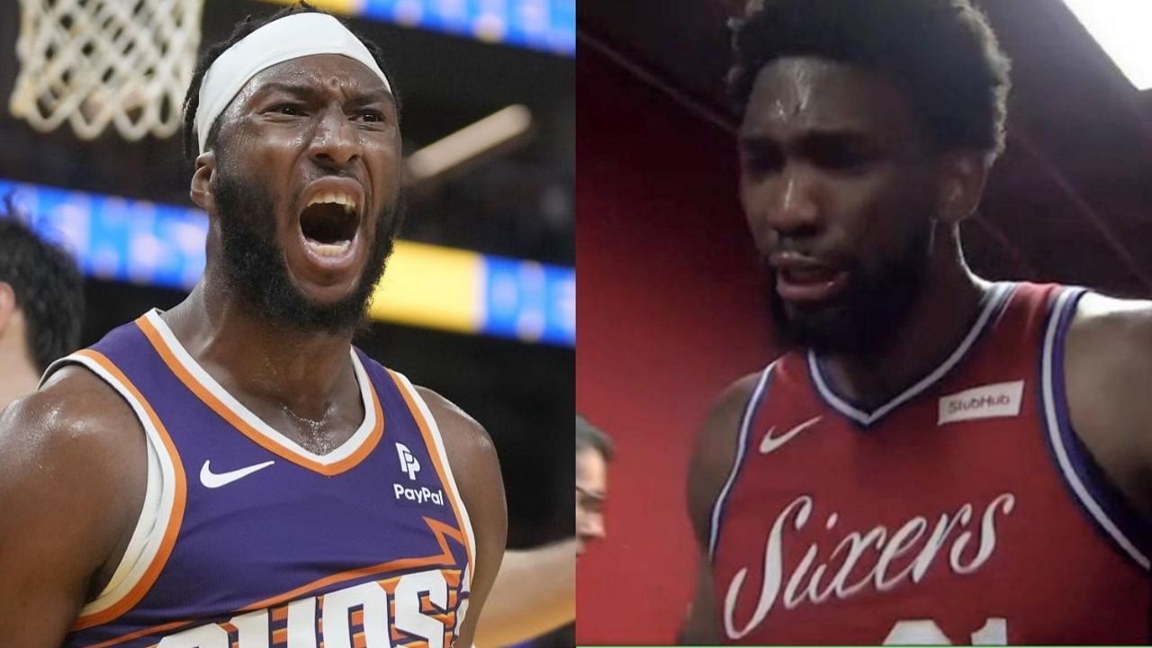 Josh Okogie of the Phoenix Suns and Joel Embiid of the Philadelphia 76ers.