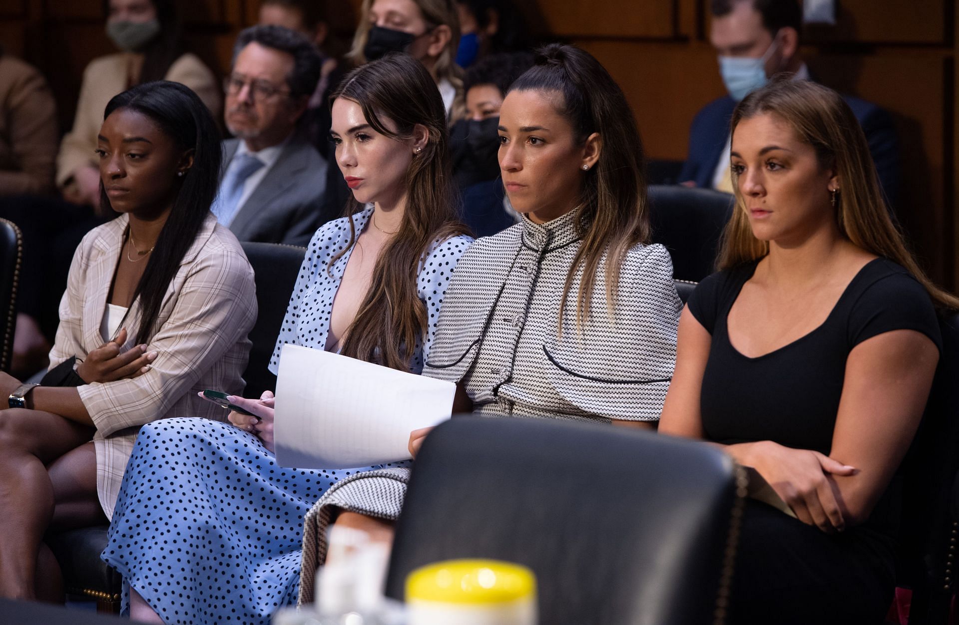 Simone Biles, McKayla Maroney, Aly Raisman, and Maggie Nichols arrive to testify during a Senate Judiciary hearing about the Inspector General&#039;s report on the FBI handling of the Larry Nassar investigation of sexual abuse, in Washington, DC.