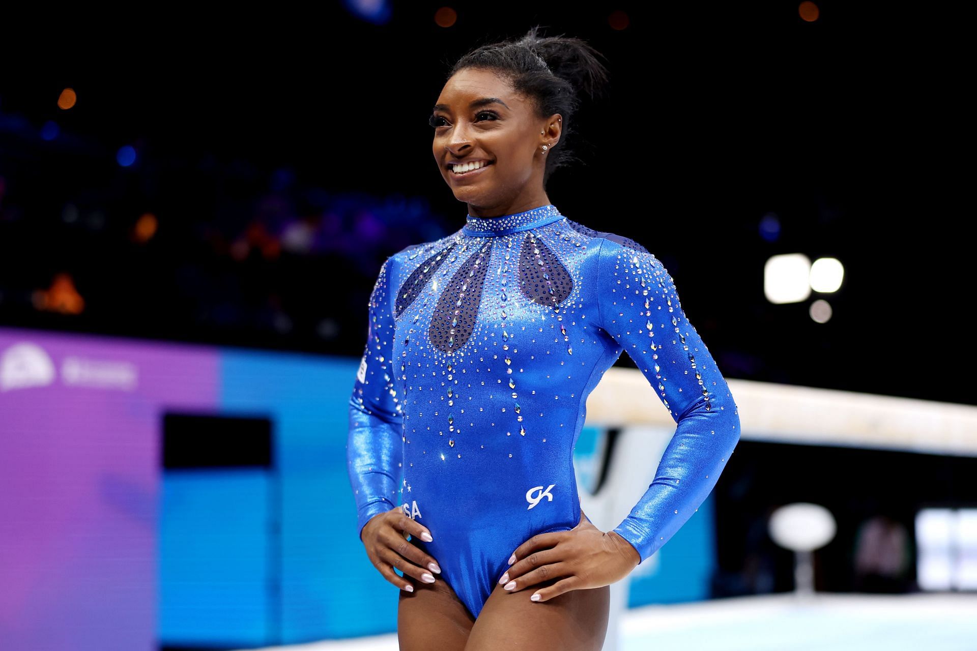 Gold medalist Simone Biles poses for a photo after winning the Women&#039;s All-Around Final at the 2023 World Artistic Gymnastics Championships in Antwerp, Belgium.