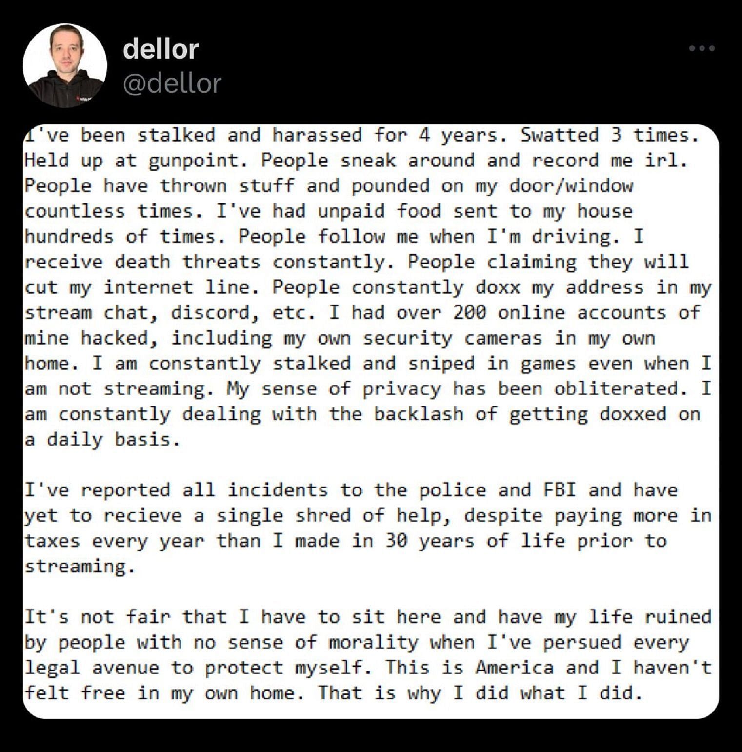 Dellor explains why he doxxed his stalker (Image via X)