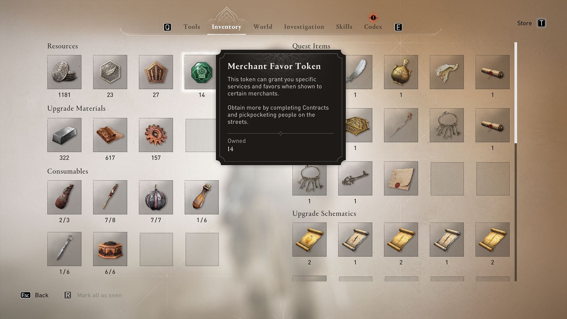 The Tokens in my inventory (Image screenshot via Assassin&#039;s Creed Mirage)