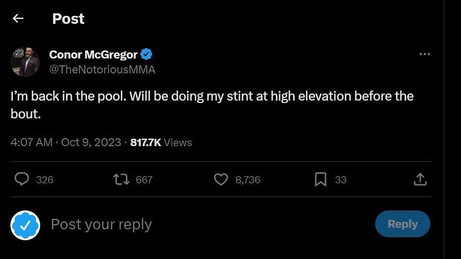 Screenshot of Conor McGregor&#039;s tweet.