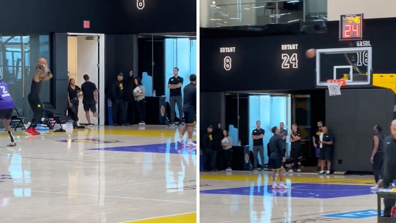 LeBron James (L) embarrassingly bricks a 3-pointer in practice by hitting sideboard