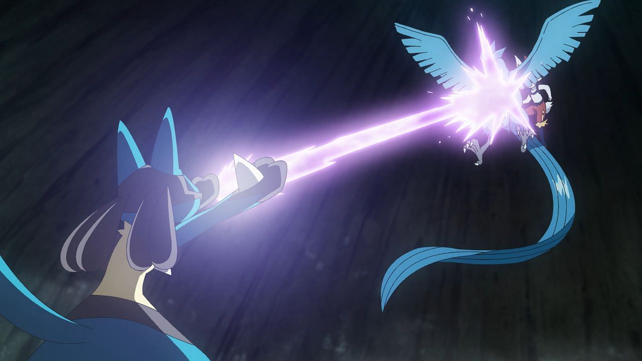 Lucario, a Steel-type creature, seen using Steel Beam in the anime (Image via The Pokemon Company)