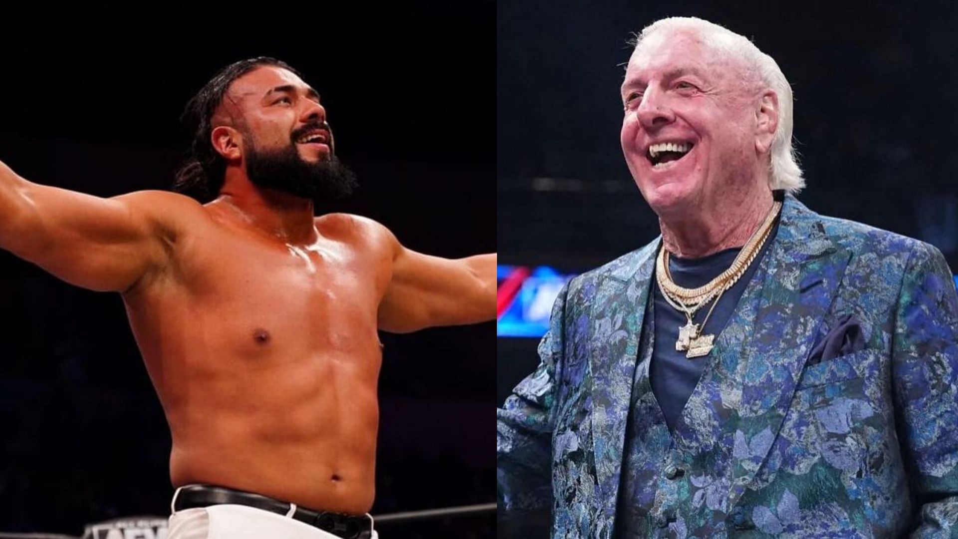 Andrade El Idolo (left); Rick Flair (right)