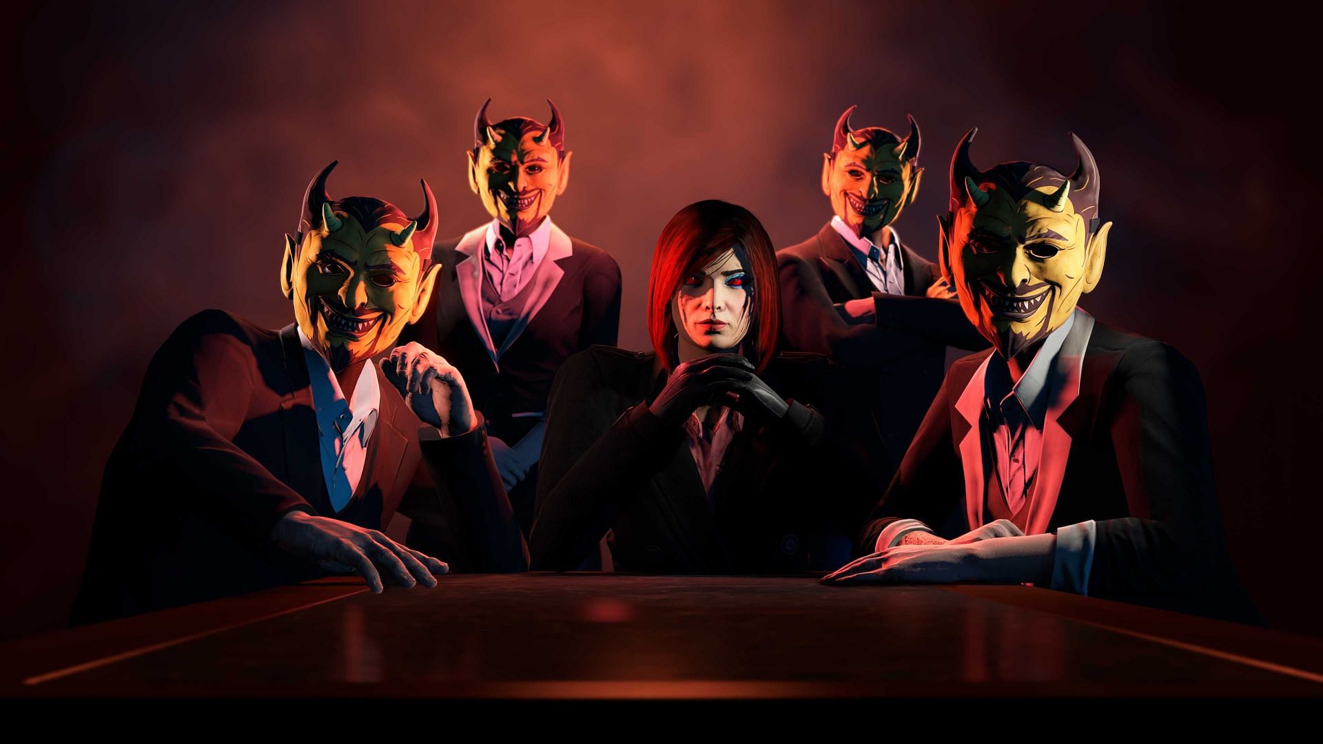 Four of the players here are wearing the Amber Vintage Devil Mask (Image via Rockstar Games)