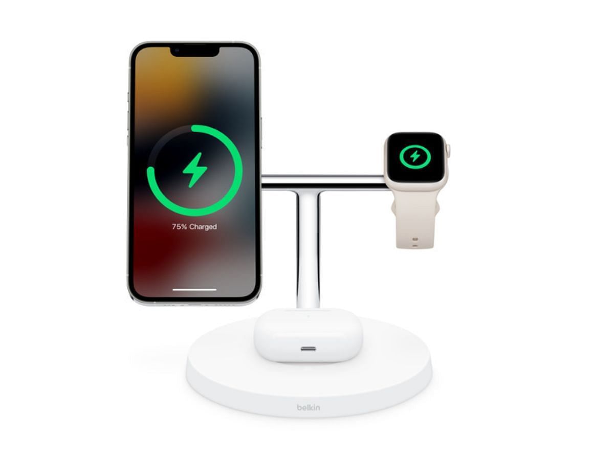 The Belkin BOOST&uarr;CHARGE PRO 3-in-1 Wireless Charging Stand is the best option for iPhone, Apple Watch, and AirPods users. (Image via Apple)