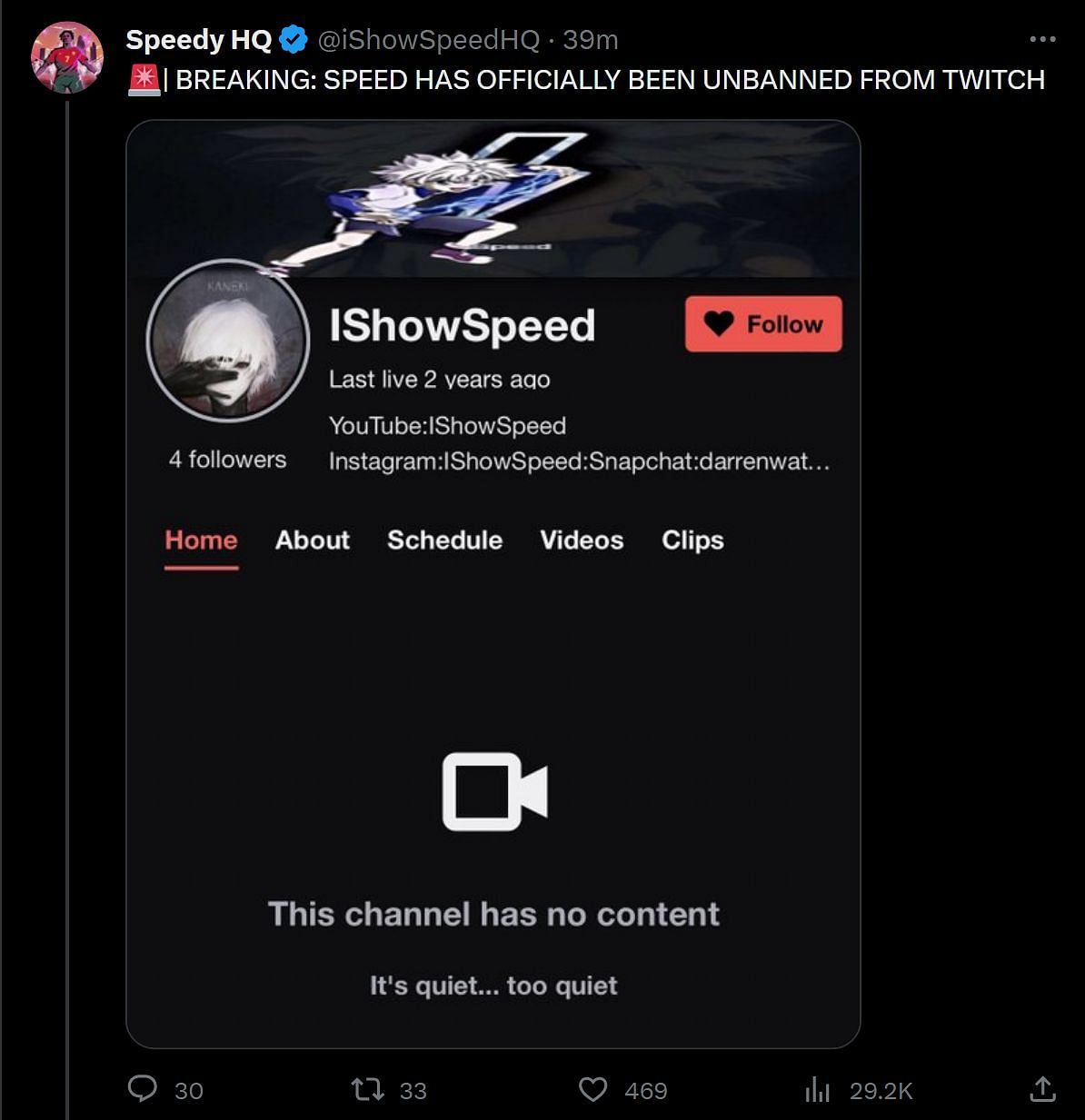 IShowSpeed mysteriously unbanned on Twitch after nearly 2 years - Dot  Esports