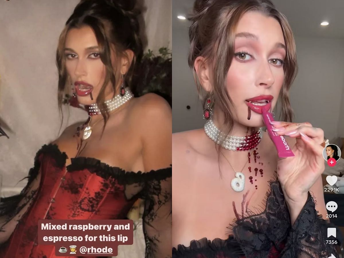 Hailey Bieber&#039;s Instagram story and TikTok post showcasing her vampire makeup (Image via Instagram and TikTok/ @haileybieber)