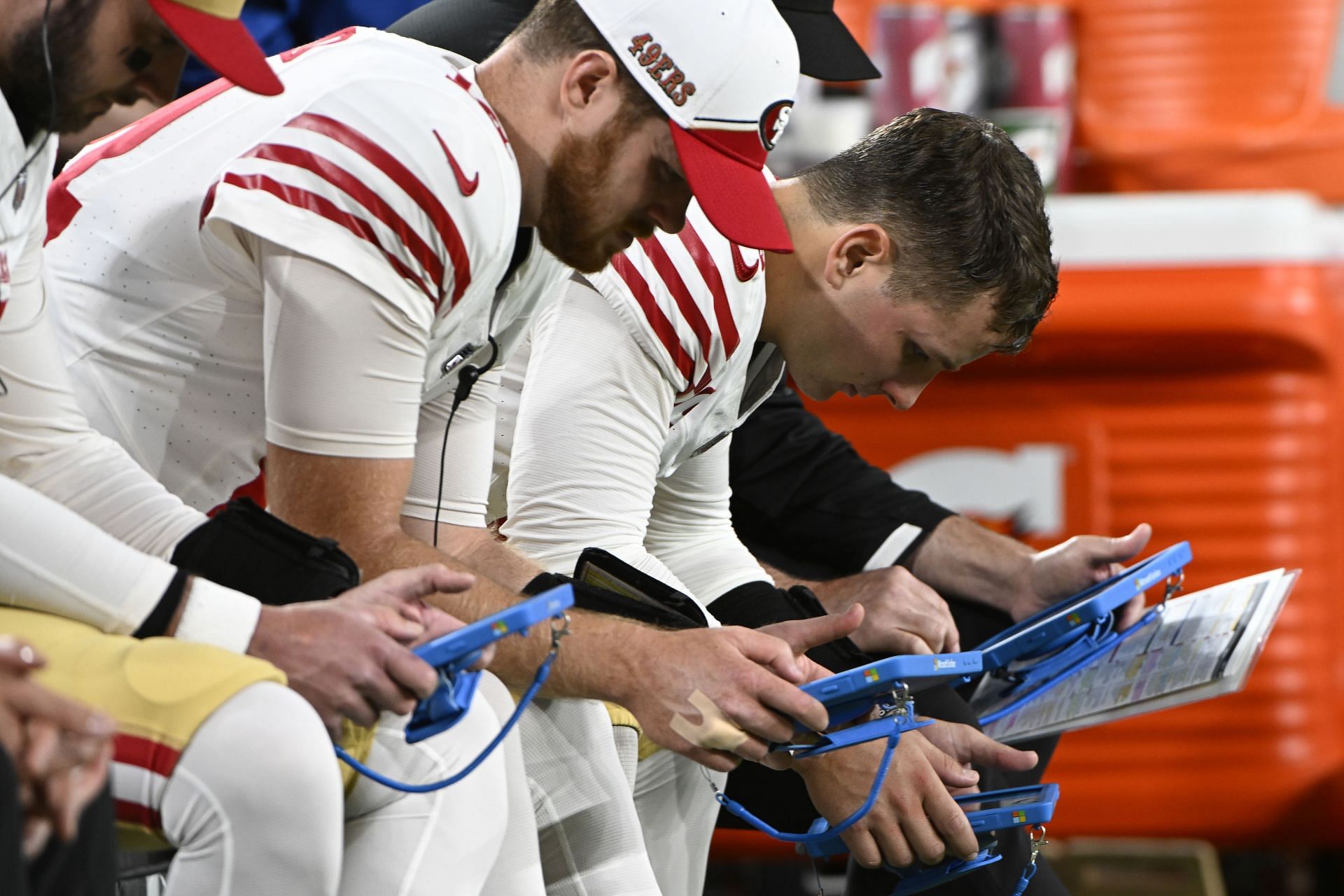 Brock Purdy on the sidelines v Minnesota Vikings