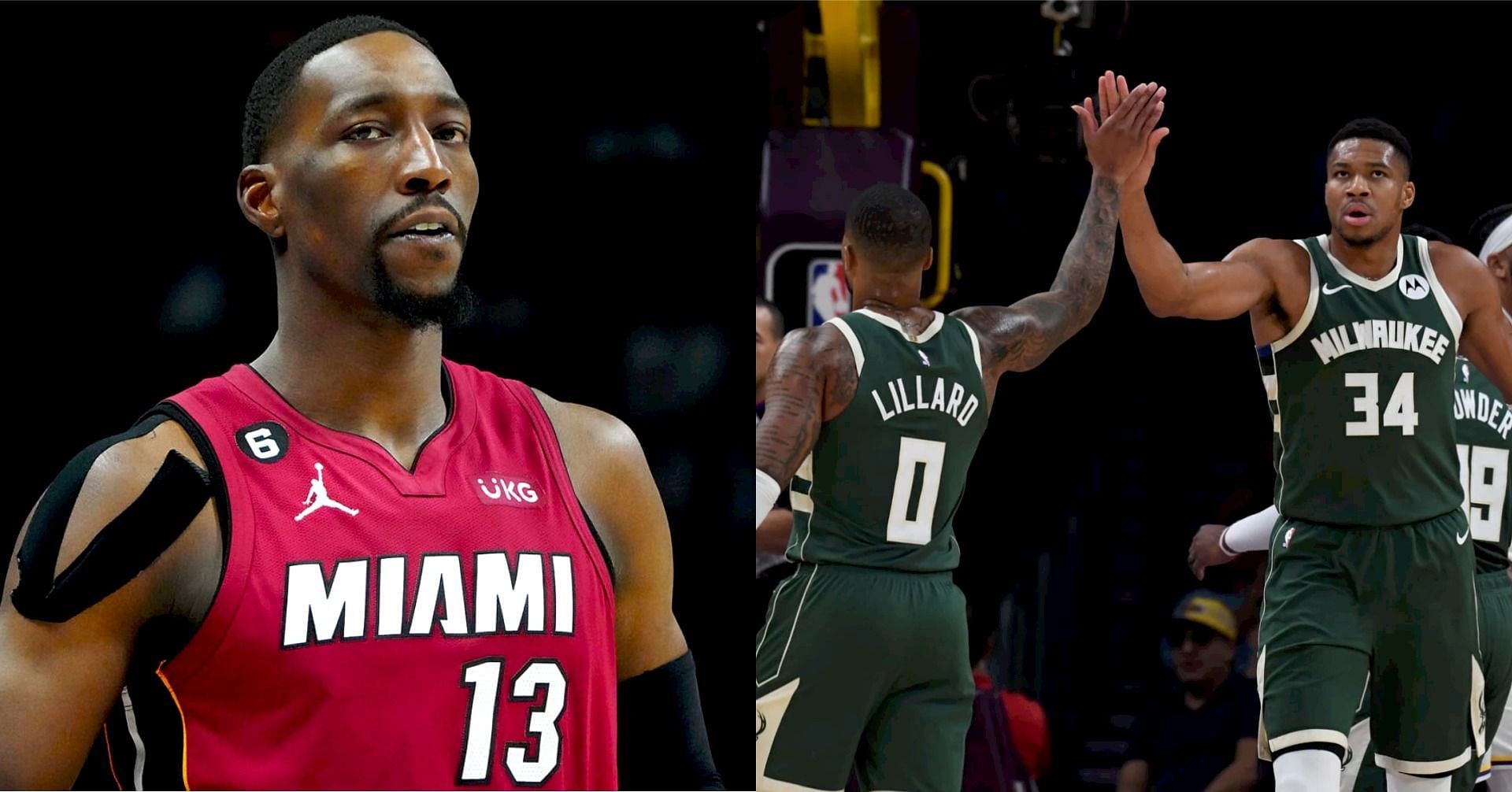 Miami Heat star center Bam Adebayo and Milwaukee Bucks superstars Damian Lillard and Giannis Antetokounmpo