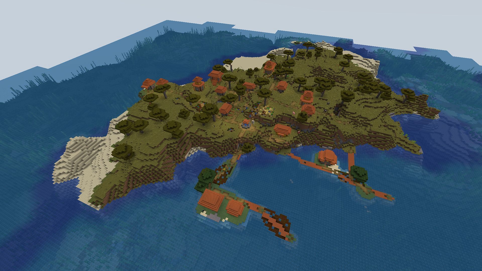The spawn village in this seed sprawls across a small island (Image via Mojang)