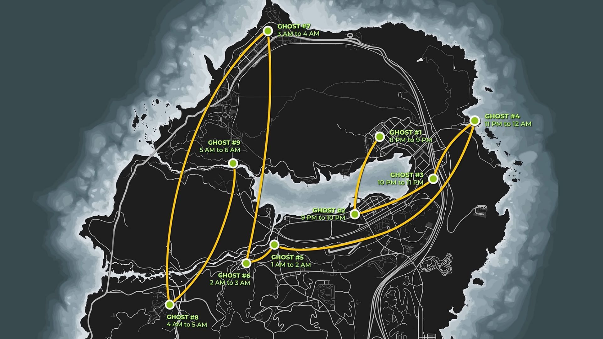 Suggested route for completing the Ghosts Exposed event (Image via YouTube/GTA Series Videos)