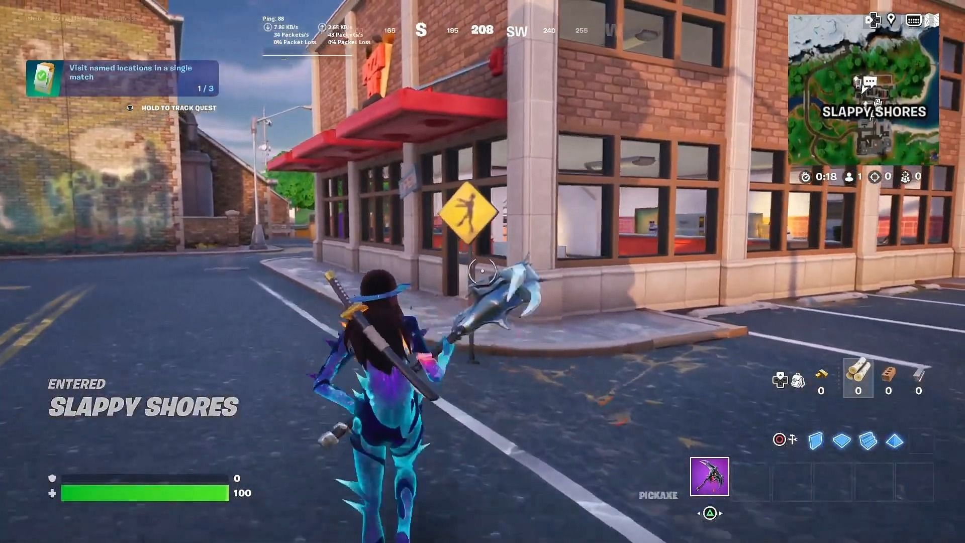 Finding a zombie sign close to a gas station in Fortnite (Image via Epic Games)
