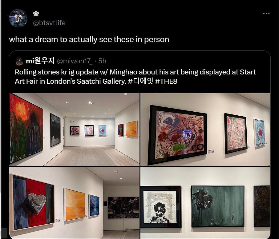 The8&#039;s paintings displayed at the stART exhibition, London (Image via Twitter/btsvtlife)