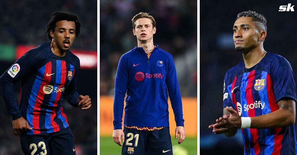 Jules Kounde, Frenkie de Jong and Raphinha (from left to right) of Barcelona