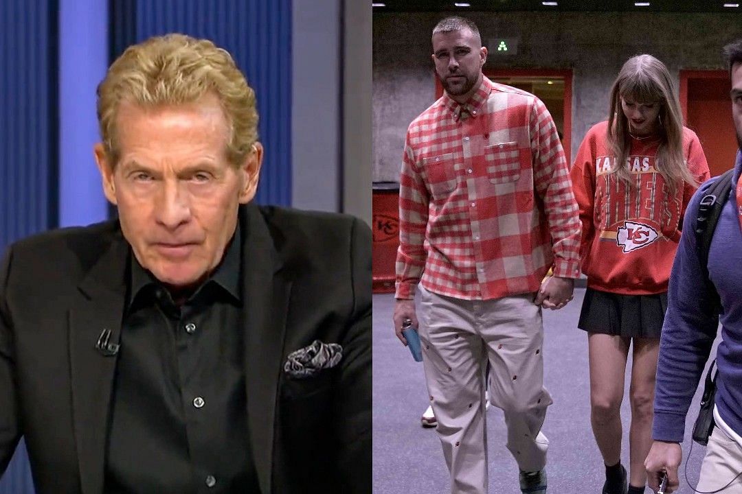 Skip Bayless, left, Travis Kelce &amp; Taylor Swift, right 