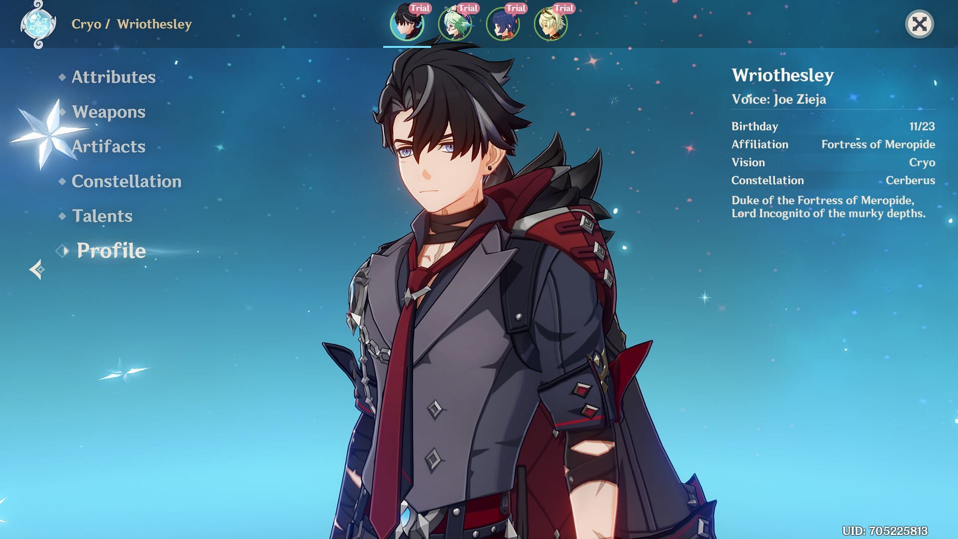 Wriothesley&#039;s in-game profile (Image via Hoyoverse)