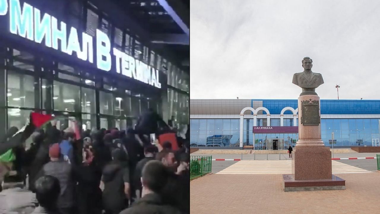 Images depicting mob storming the airport in Dagestan. (Images via X/jacksonhinklle and Wikipedia)