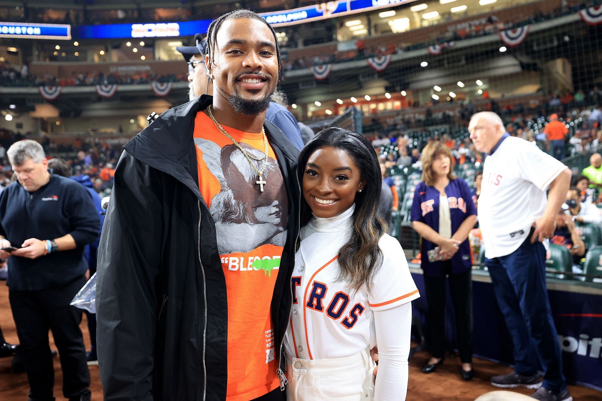 Jonathan Owens and Simone Biles at World Series - Philadelphia Phillies vs Houston Astros - Game One